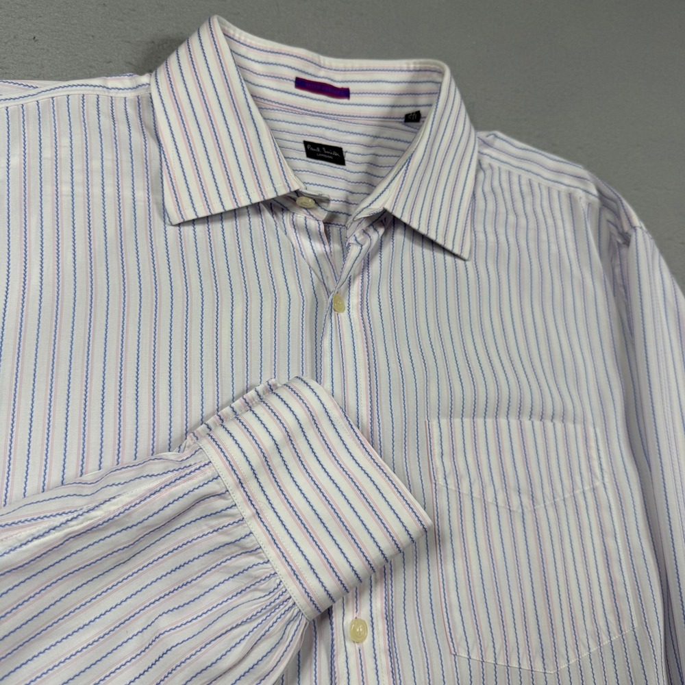 Paul Smith London Mens Blue Pink Striped‎ Button Down Shirt Made in Italy 17.5